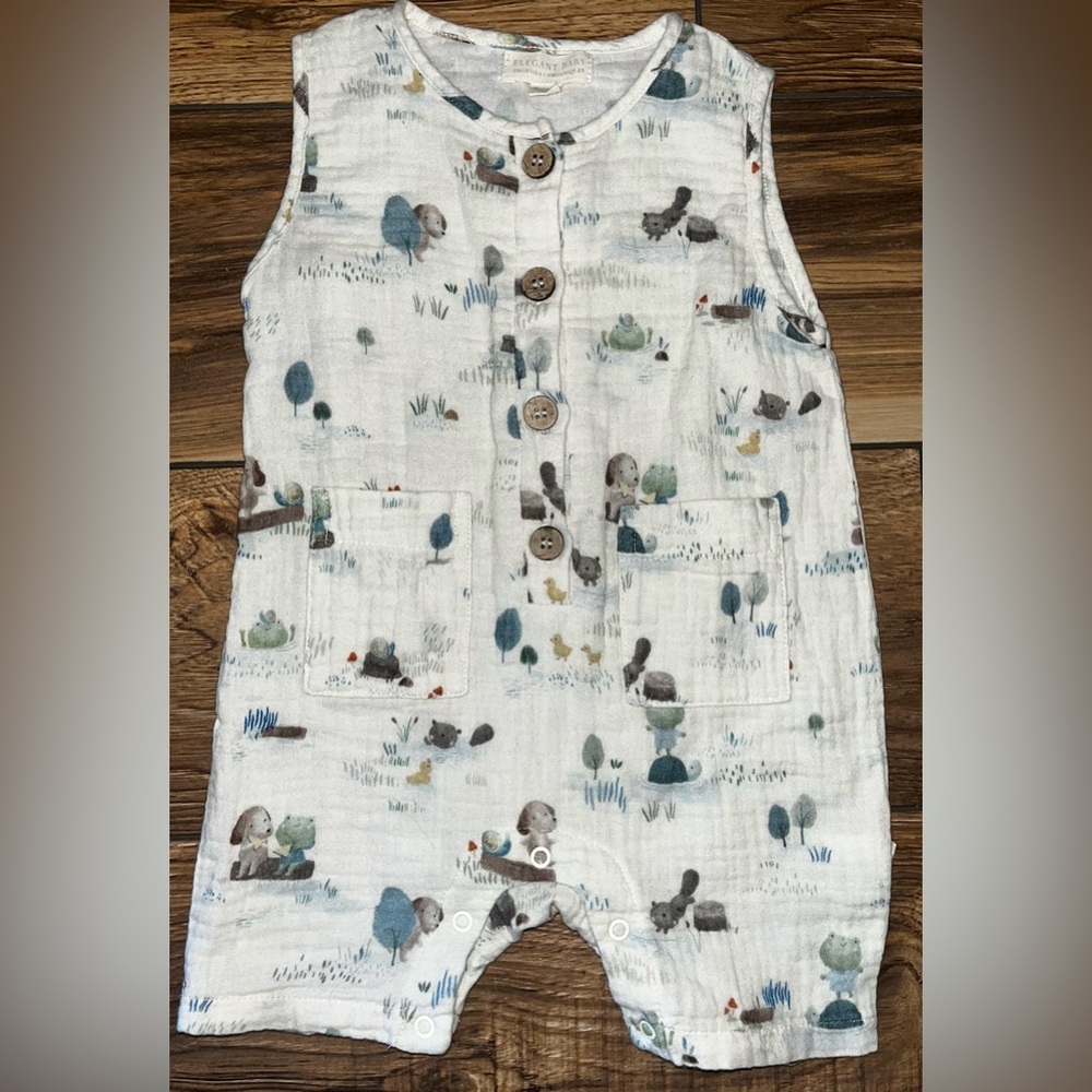 Elegant Baby Kids Organic One Piece Romper sleeveless with Woodland Print